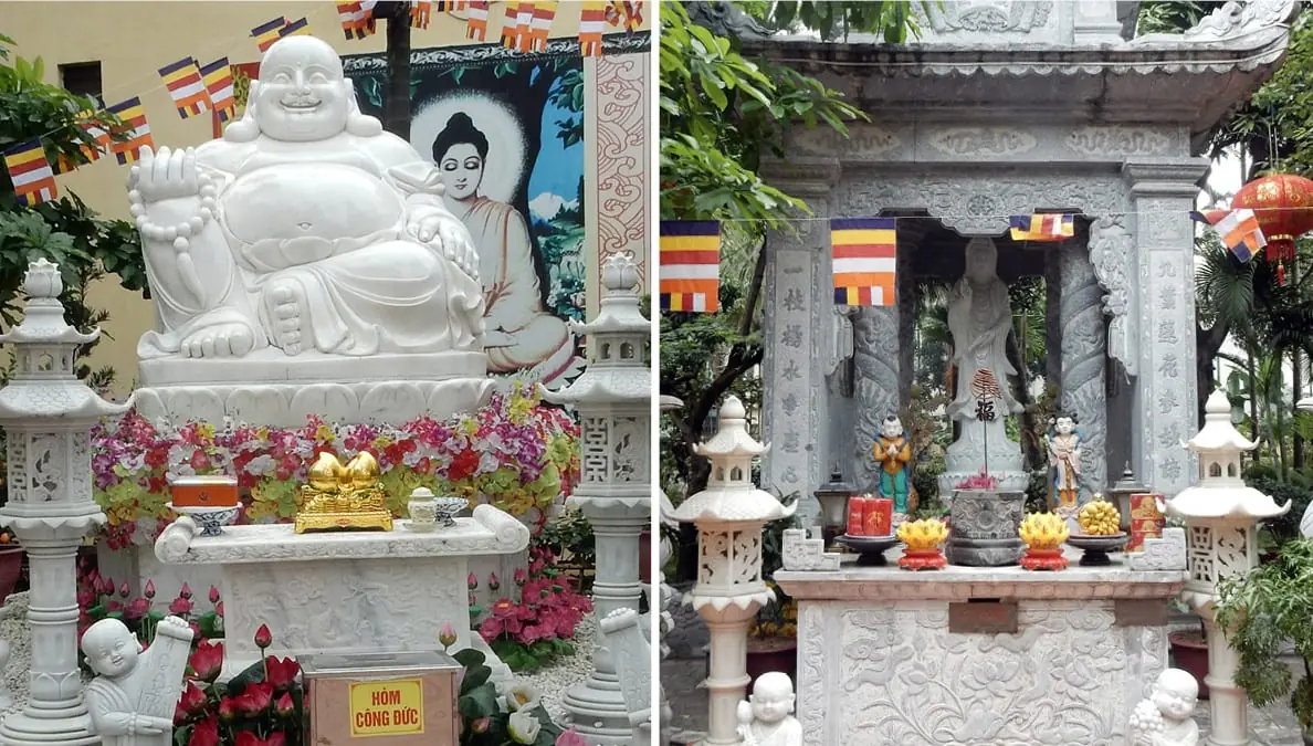 Hanoi, Vietnam: alter to Buddha (left), alter to the mother goddess (right) in same temple