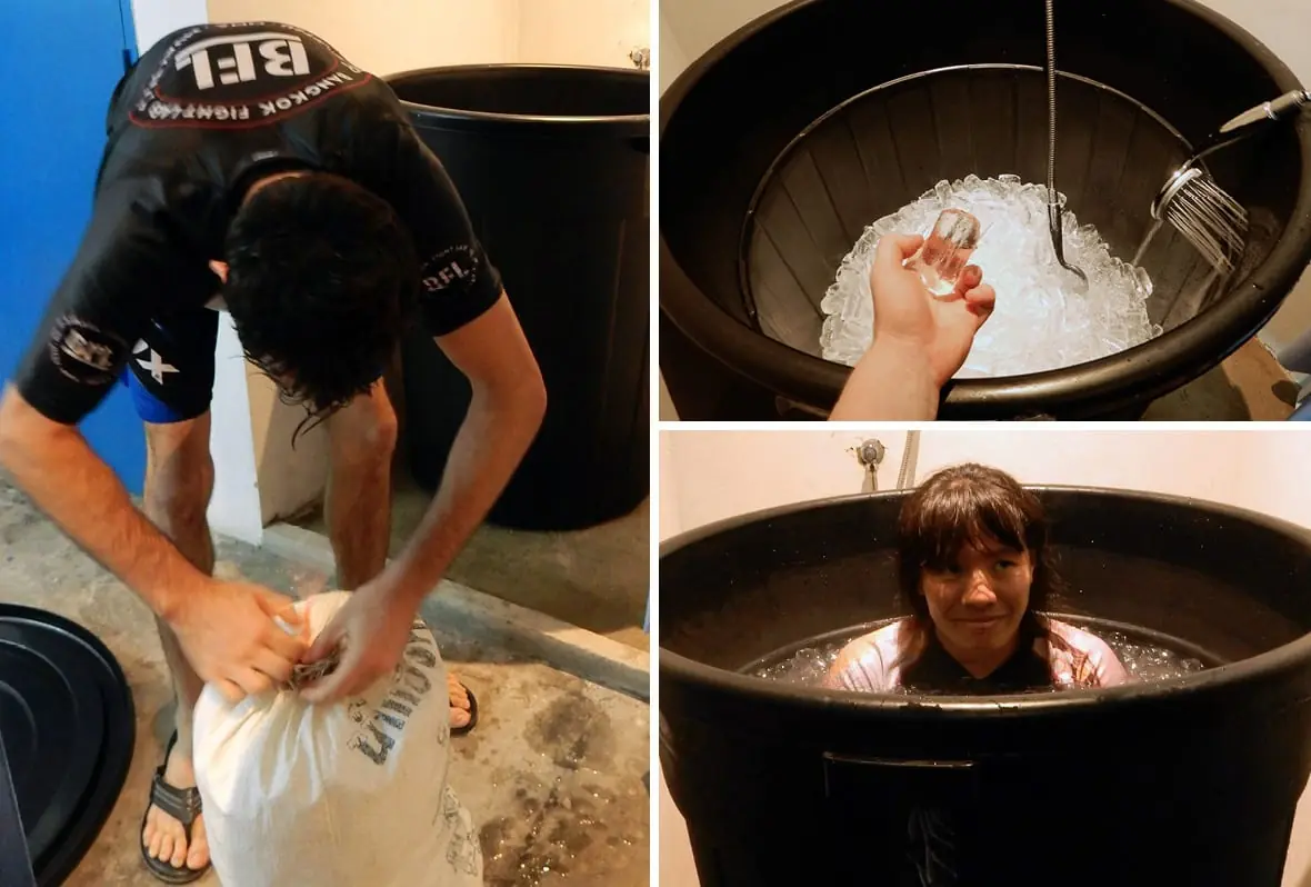 Bangkok, Thailand: Bangkok Fight Lab ice bath! Morgan adding ice (left), filling up the bin (upper right), Vara enjoying her ice bath! (lower right)