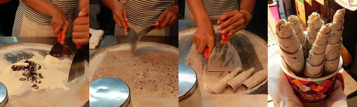 Vendor making fresh ice cream rolls!