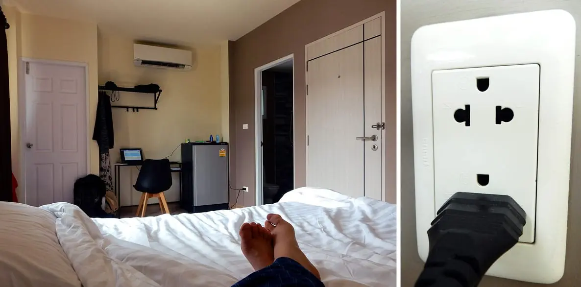 Bangkok, Thailand: My beautiful tiny home in (left), power outlet configuration (right)