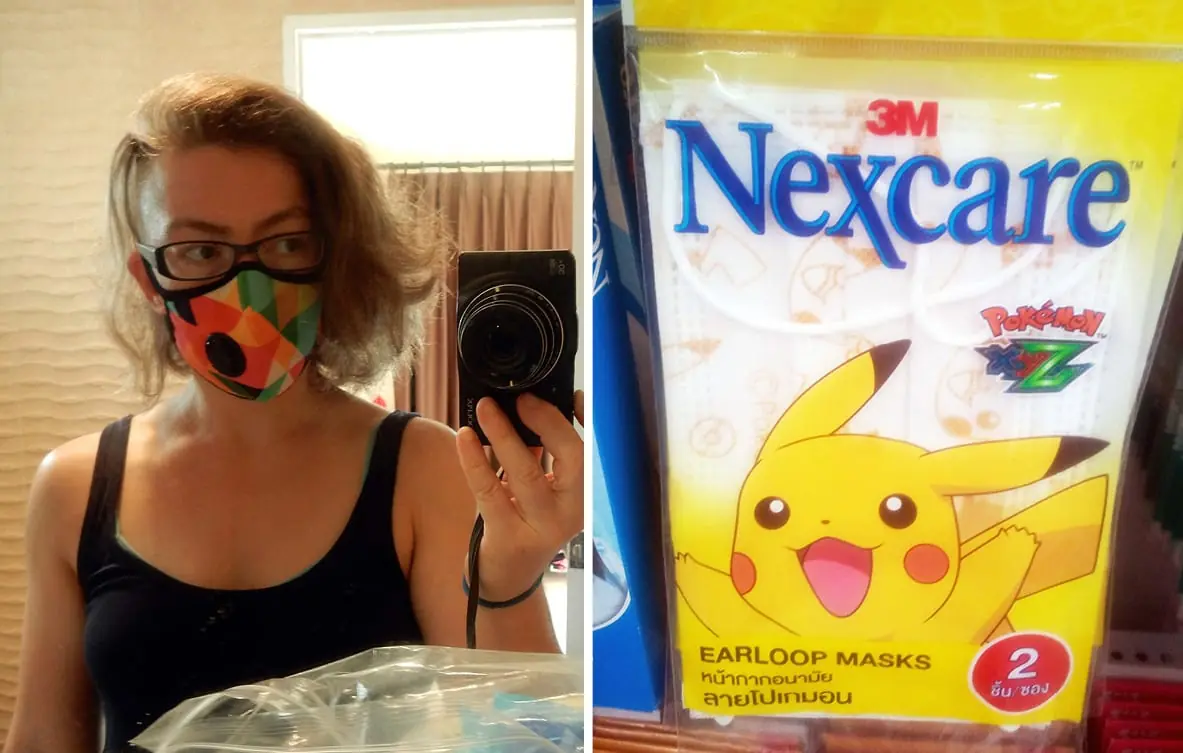 Bangkok, Thailand: My Vlog air mask (left), paper masks sold in store (right). Avoid breathing toxic air while you catch 'em all!