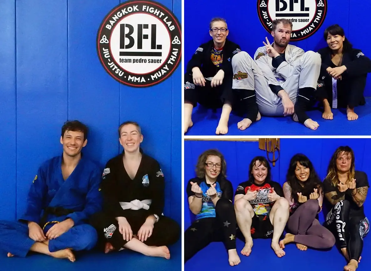 Bangkok, Thailand: Bangkok Fight Lab. Selfie with head instructor Morgan (left), selfie with BJJ Globetrotters Scotty and Vara (upper right), selfie with BJJ Globetrotters Natalie, Vara and Francis (lower right)