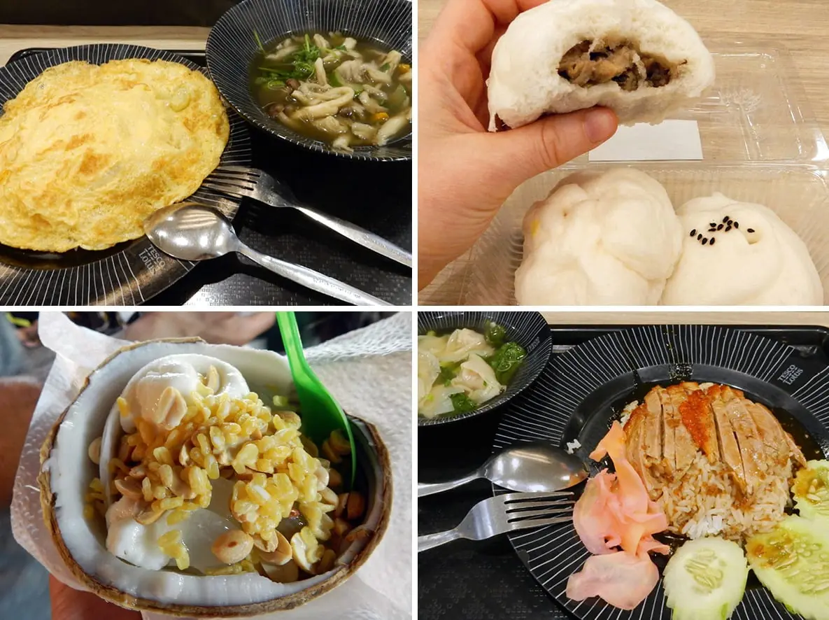Bangkok, Thailand: Typical food. Lower left is coconut ice cream and topping served in the coconut shell - yum, yum!